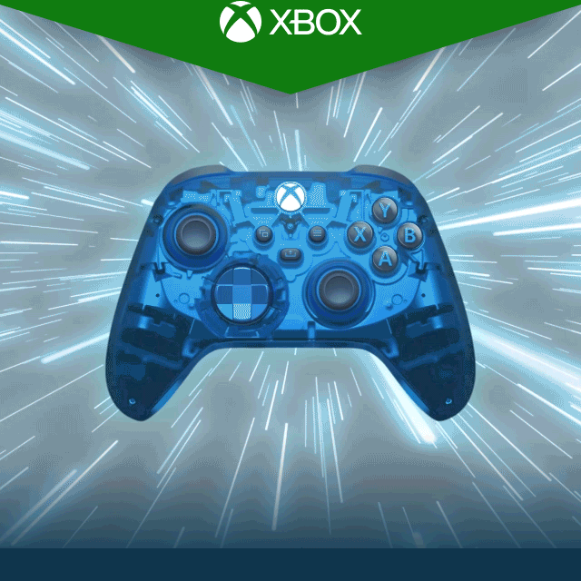 An image of the transparent blue Xbox Wireless Controller – Sky Cipher Special Edition, surrounded by motion lines.