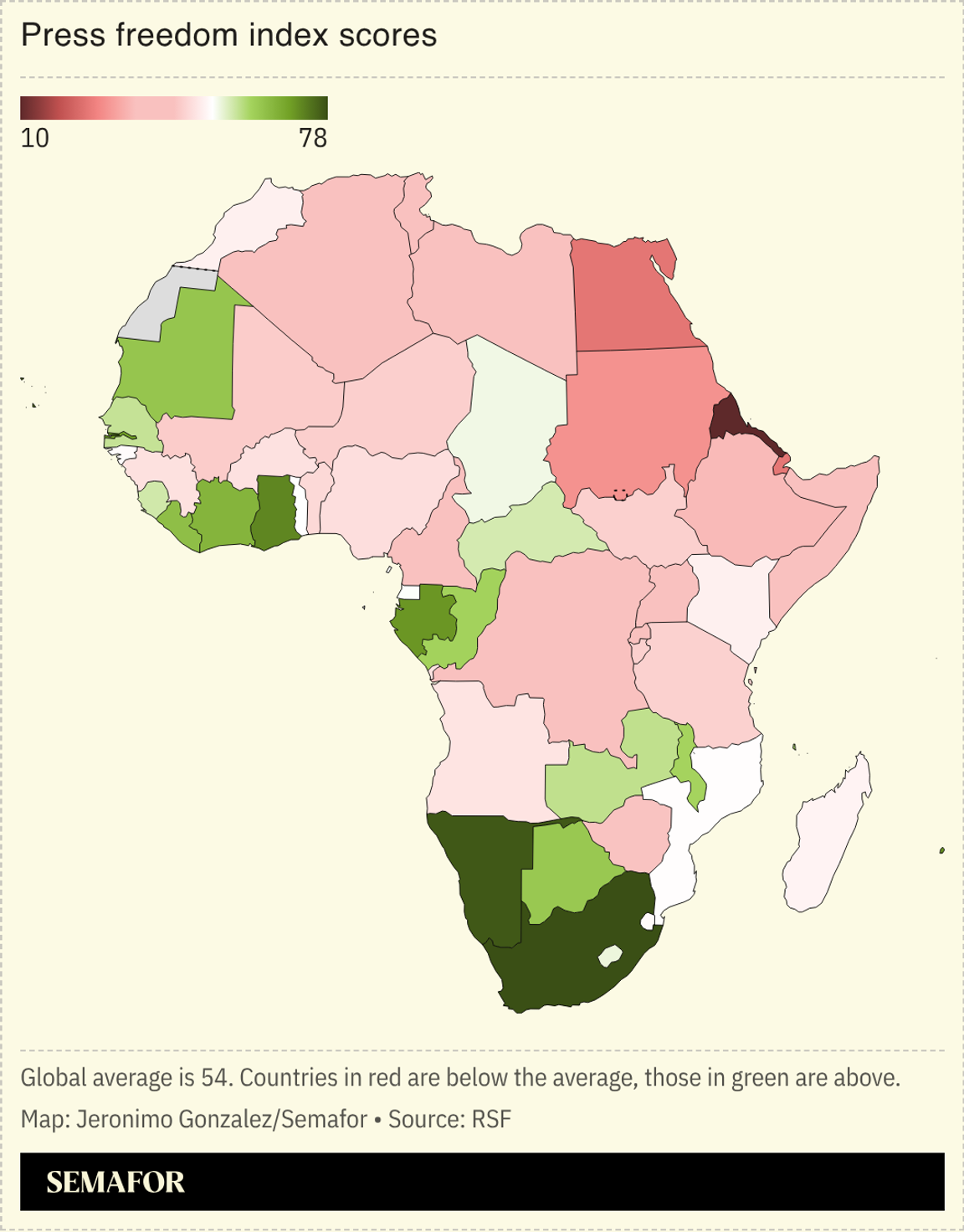 A map showing press freedom index scores for Africa. 