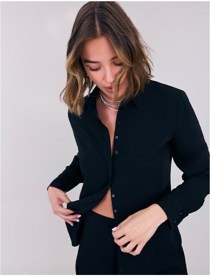 Black Long Sleeve Crepe Shirt With French Cuffs