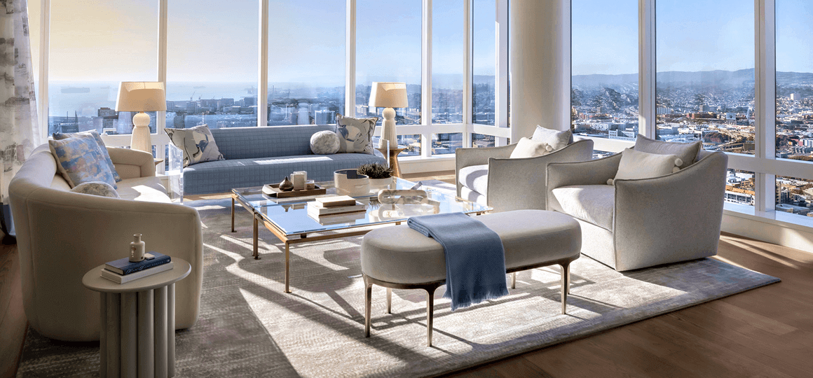 An elegant living room with cityscape views.