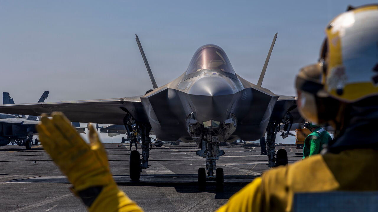 An F-35C Lightning II, attached to Marine Fighter Attack Squadron (VMFA) 314, prepares to launch from the flight deck of Nimitz-class aircraft carrier USS Abraham Lincoln (CVN 72) in the Arabian Sea.