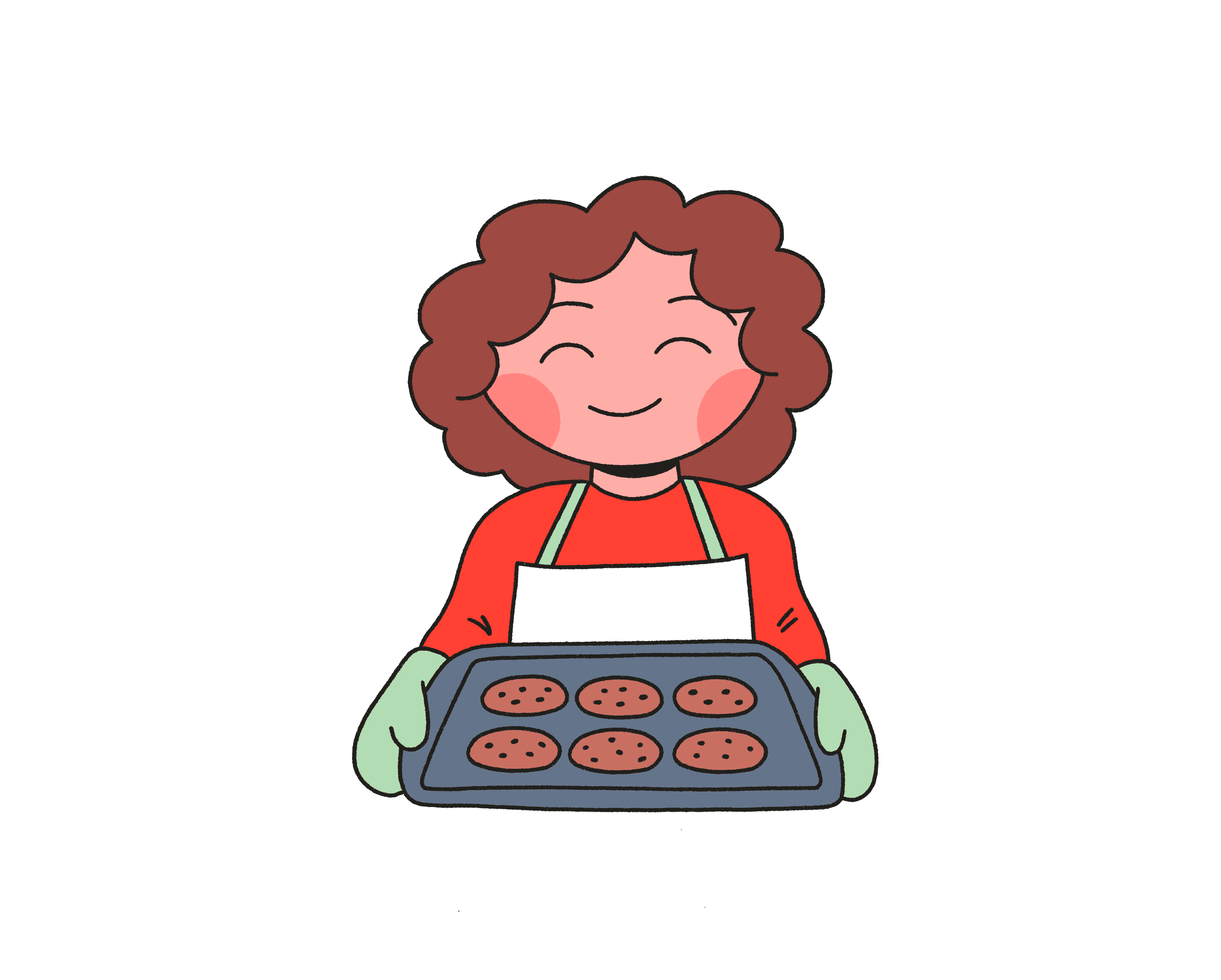 A sweet mom with curly reddish hair and a tray of cookies