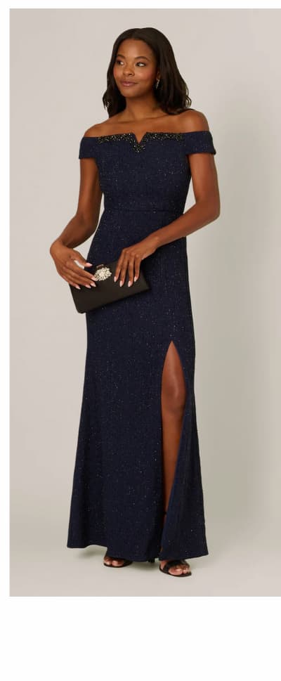 Beaded Off Shoulder Glitter Tweed Gown In Navy