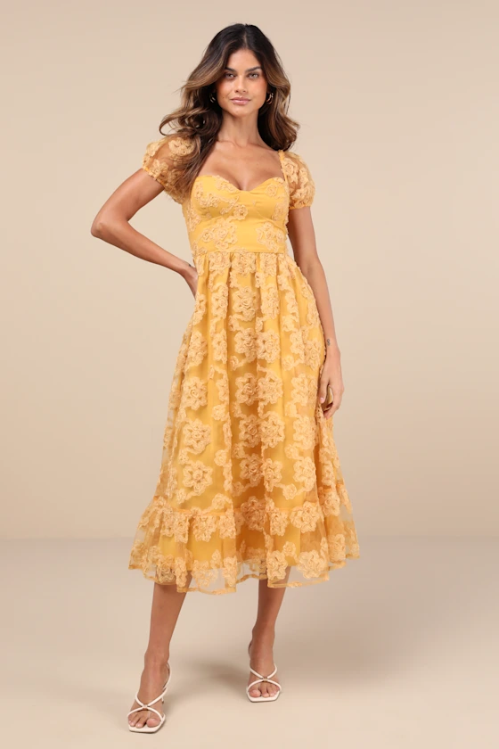 Image of Notable Elegance Yellow Mesh Floral Applique Bustier Midi Dress