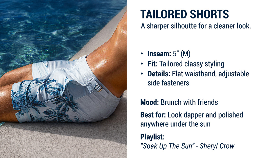 DC2 Shorts Fit Guide — La Isla Bonita Tailored Shorts featuring a 5-inch inseam, flat waistband, and adjustable side fasteners.