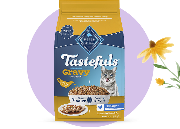 A bag of BLUE Tastefuls Gravy dry cat food is next to a bright yellow flower.