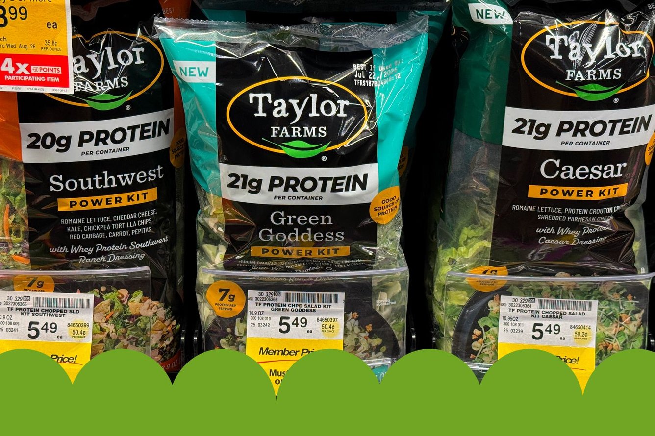 Packages of Taylor Farms salad kits in grocery store