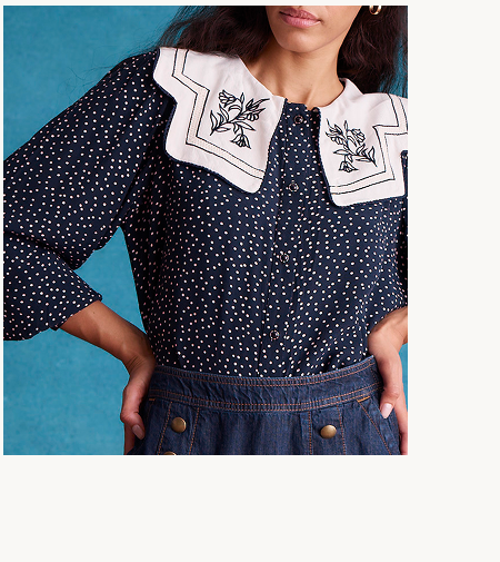 Ivy Embroidered Collar Polka Dot Blouse Blue