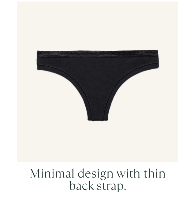 Black organic cotton thong with a minimal design and thin back strap.