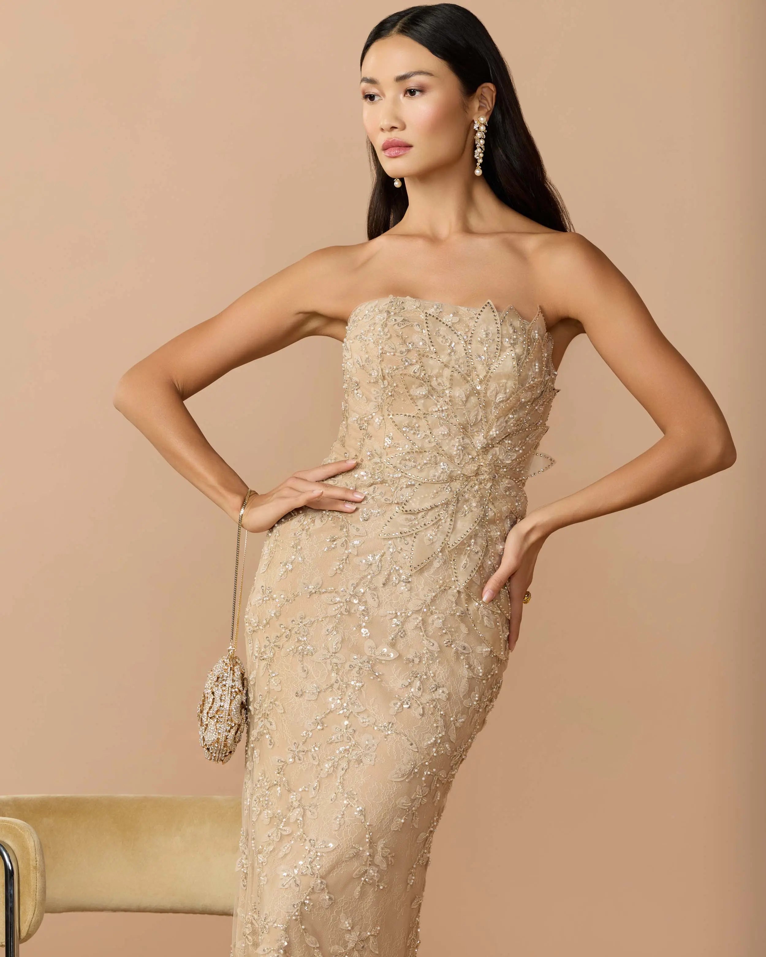 Image of Beige Strapless Embellished Lace Gown with 3D Flower