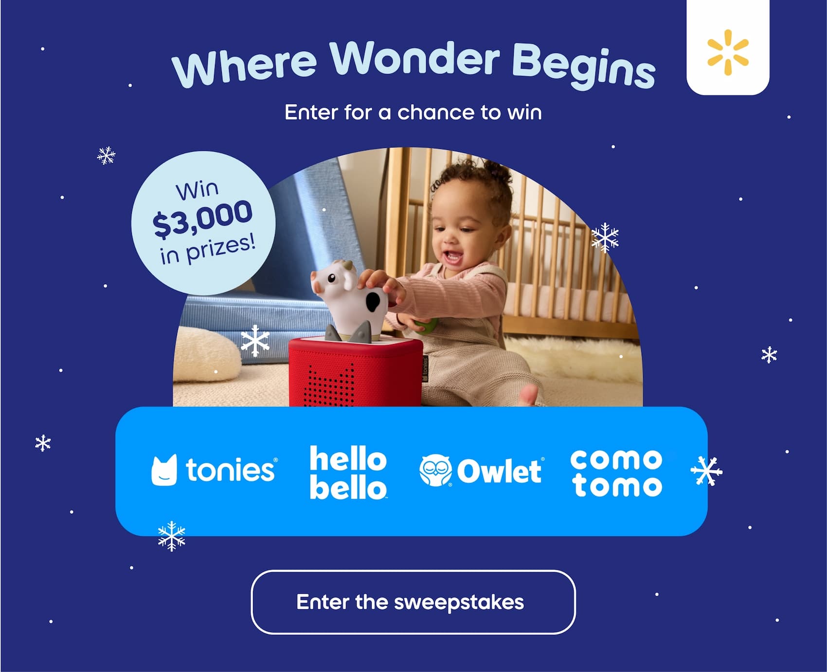 Where Wonder Begins | Enter for a chance to win $3,000 in prizes! | tonies | hello bello | Owlet® | Comotomo | Enter the sweepstakes