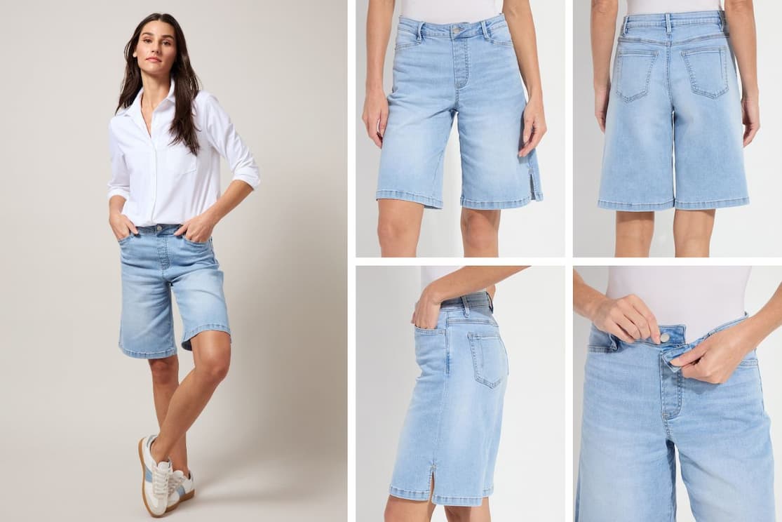 Collage showing the Lennon Everyday Bermuda Short Denim from all angles—front, side, back, full look, and close-up details—highlighting its relaxed fit, distressing, and functional waistband.