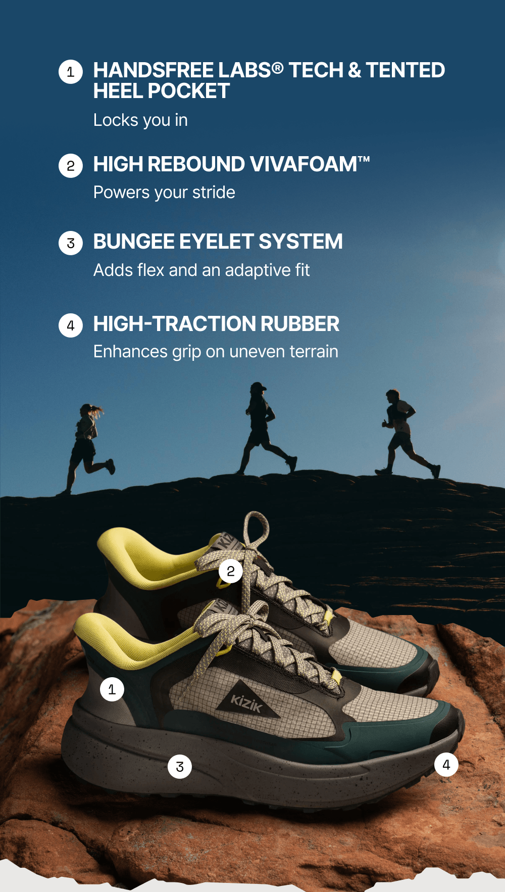hands-free labs tech. high rebound vivafoam. bungee eyelet system. high traction rubber.