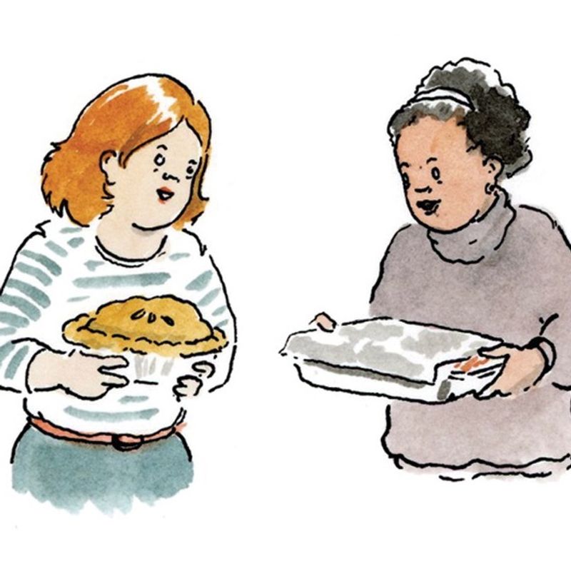 An illustration of someone holding a pie and the other, a tray of food. 