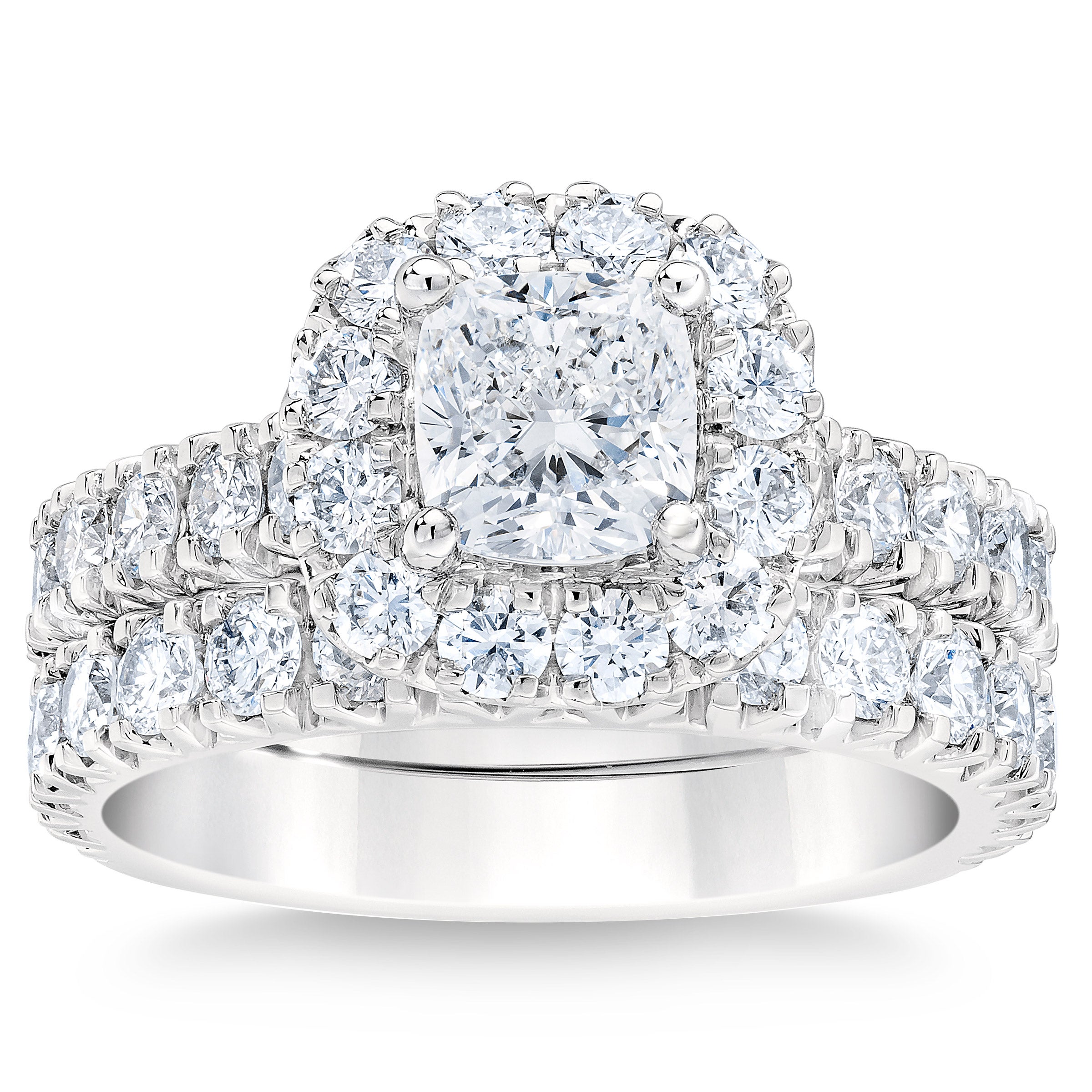 Cushion Cut & Round Brilliant 3.00 ctw, G Color Diamond Platinum Halo Wedding Set
