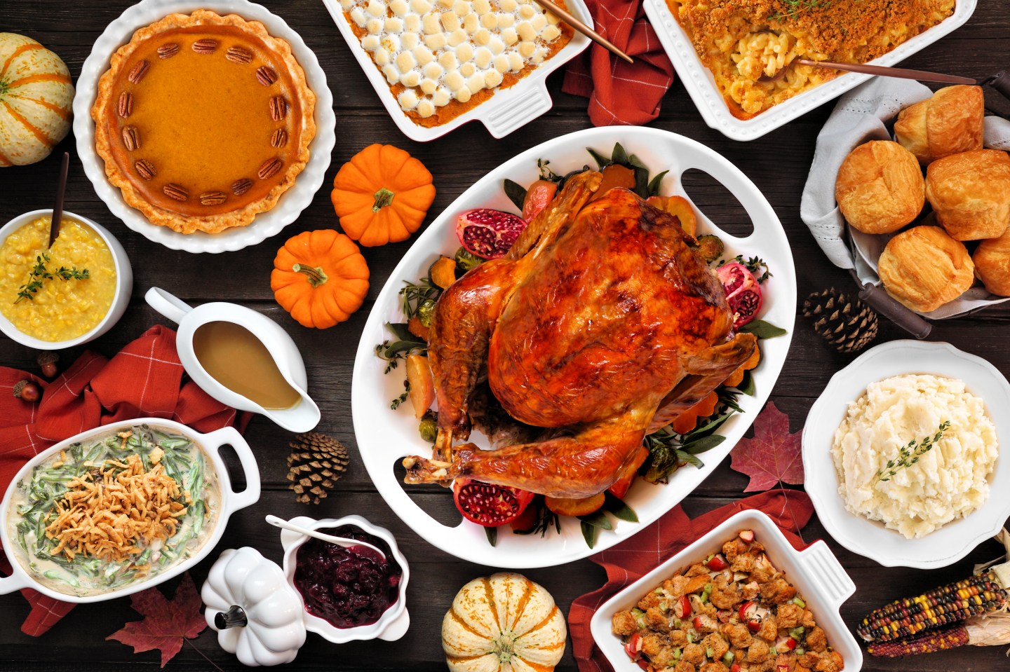 A traditional Thanksgiving dinner laid out in white servingware, seen from above.
