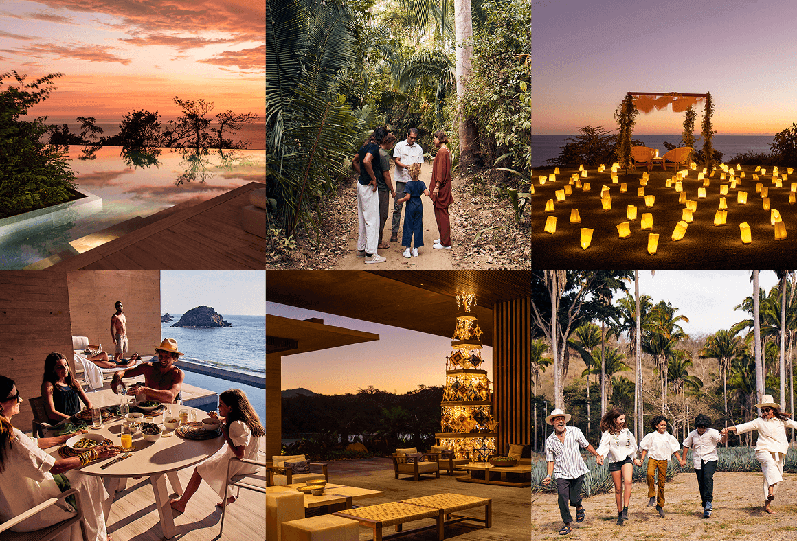 A collage of 6 images. 1) An outdoor pool surrounded by trees, overlooking the sunset. 2) A group of people on a trail, surrounded by lush green trees. 3) A large quantity of candles placed on the beach sand with a pair of outdoor chairs in the background. 4) A group at a table enjoying a meal outdoors, with the ocean in the background. 5) An outdoor lounge, set against a sky backdrop with clouds. 6) A family holding hands with palm trees in the background.