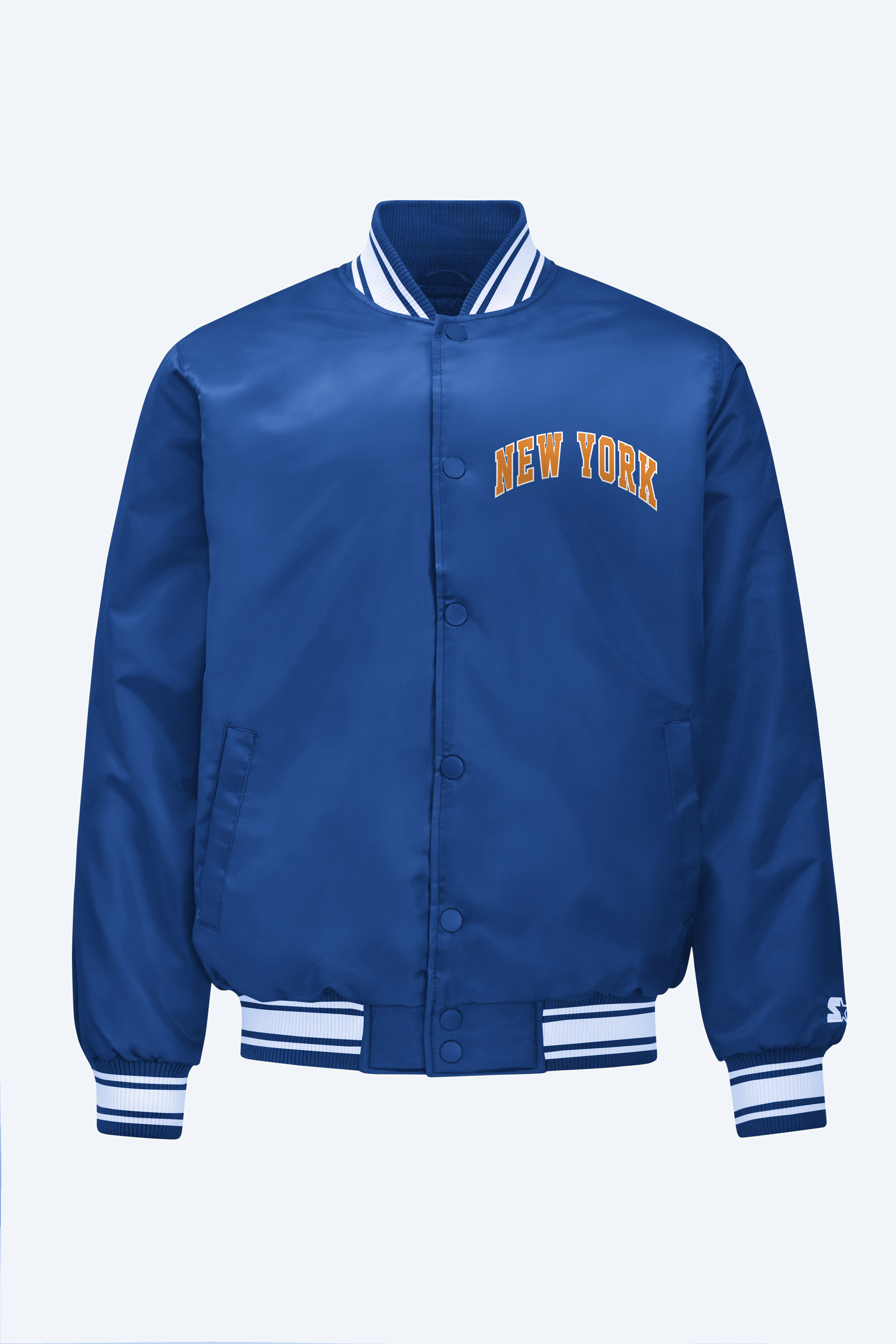 Image of MENS NEW YORK KNICKS PRINTED GRAPHIC SATIN VARSITY JACKET
