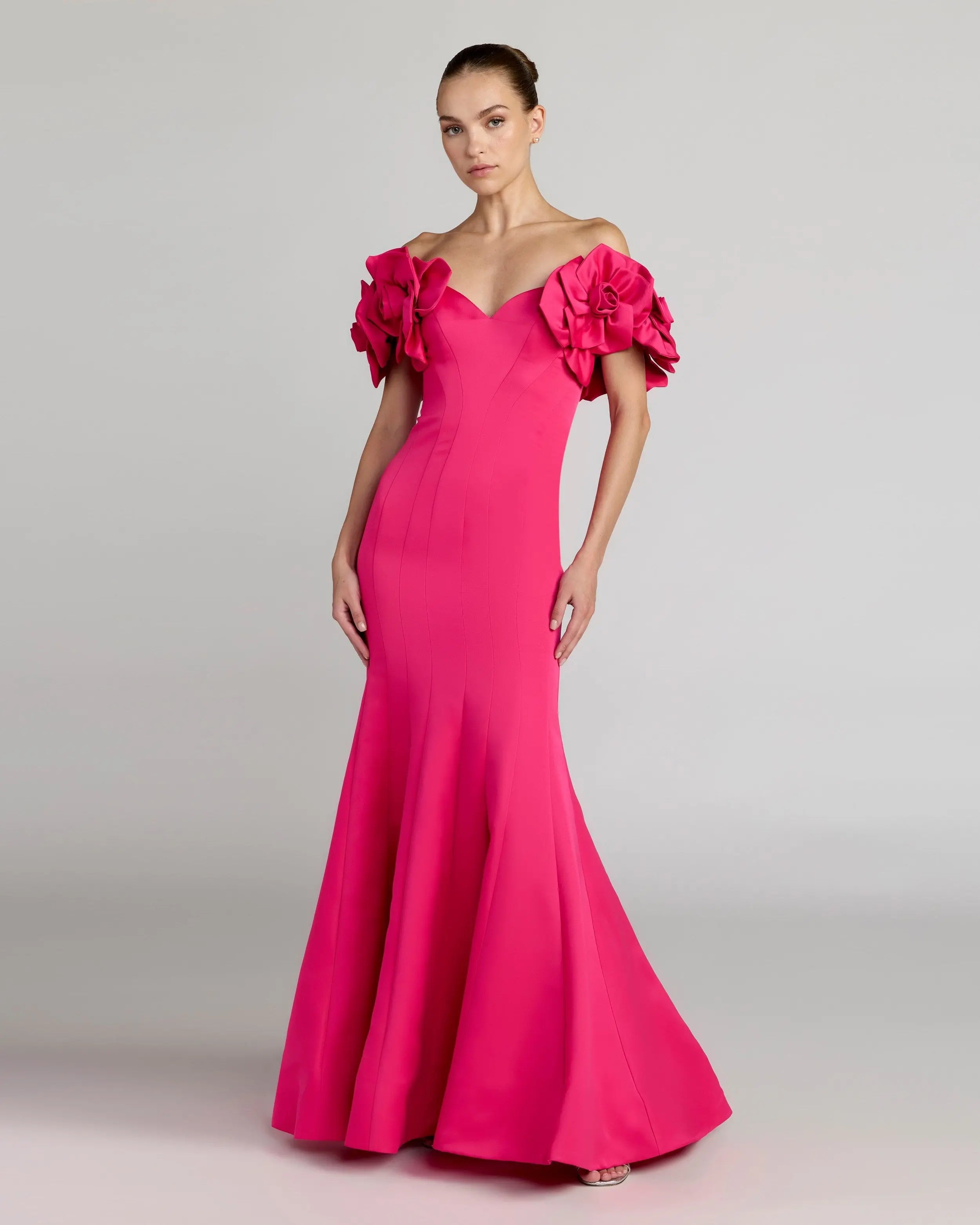 Image of Pink Off The Shoulder Gown With 3D Floral Sleeves