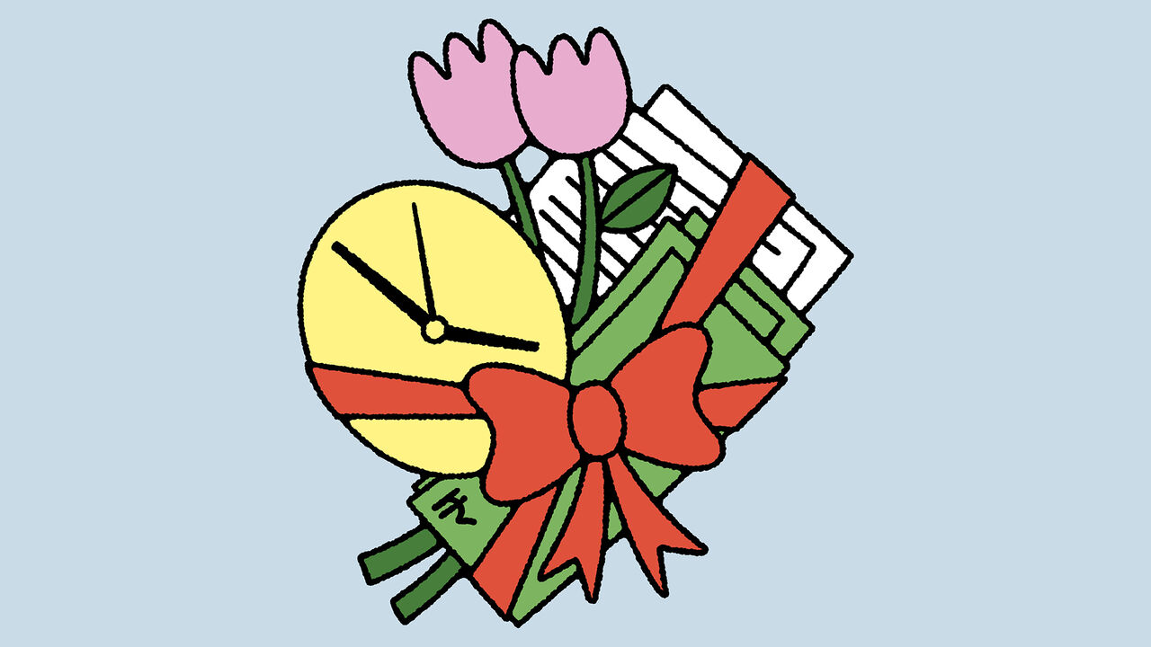 Money, papers, flowers, and a clock tied together in a red ribbon