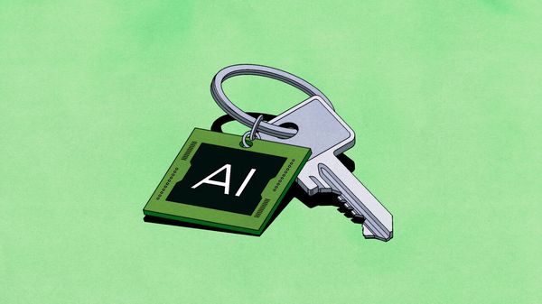 Illustration of a key with a keyring with a computer chip that says AI on it