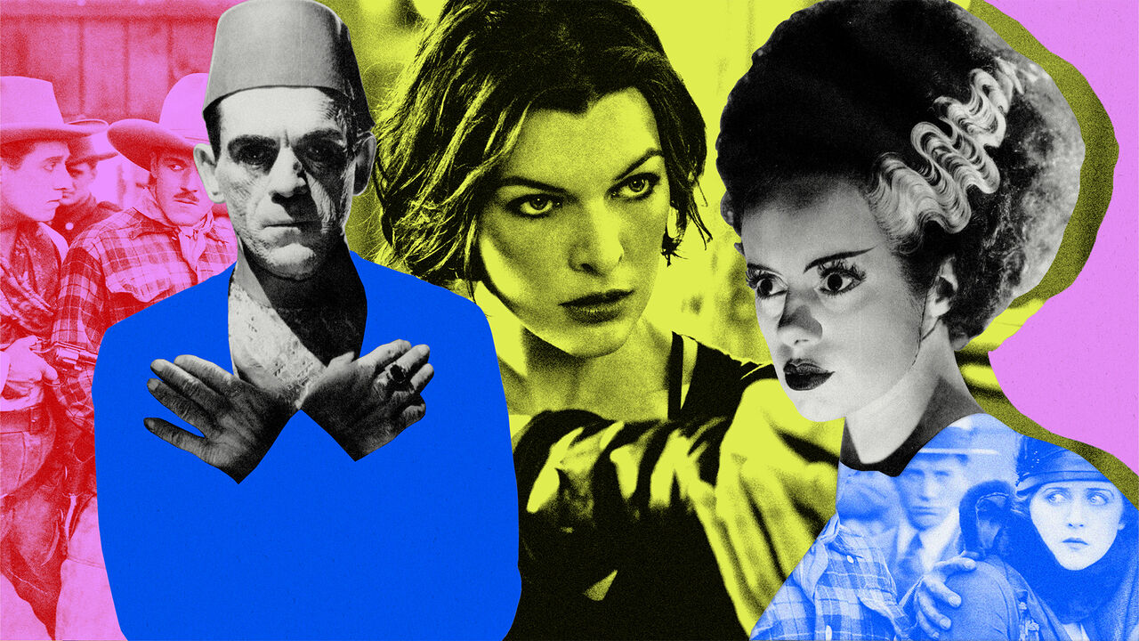 Colourful collage that shows stills from original films the Squaw Man, The Mummy, Resident Evil, and The Bride of Frankenstein