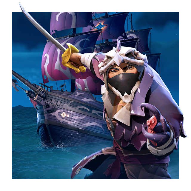 A pirate extends their a hook toward the viewer while a ship sails behind them in art for Sea of Thieves.