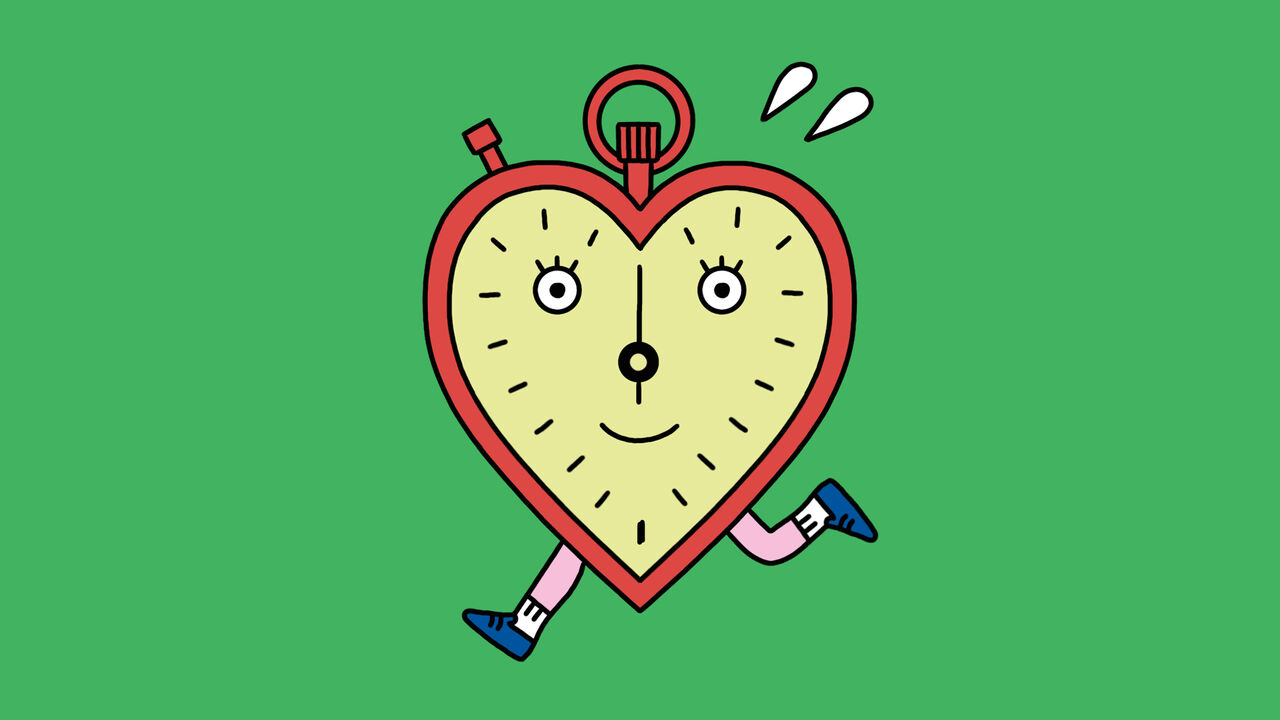A stop watch in the shape of a heart with a face and legs that looks like it's running