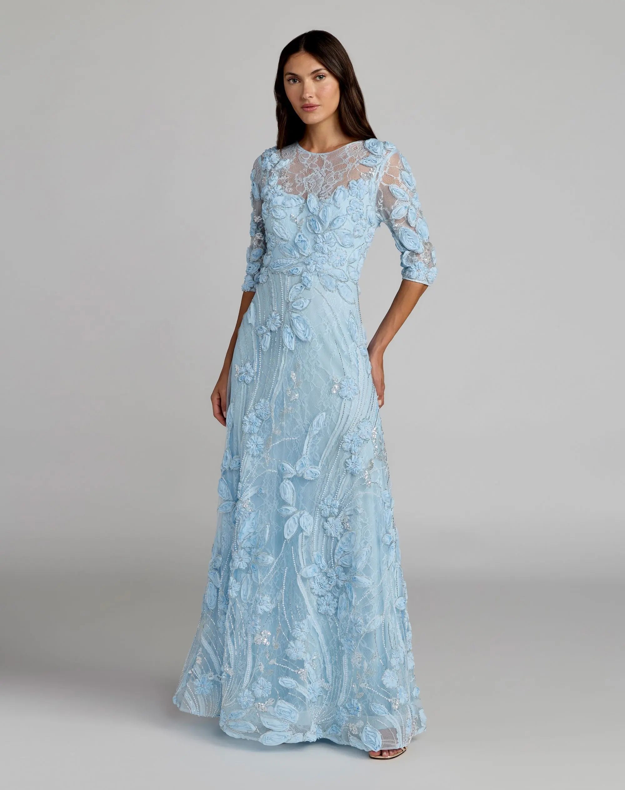 Image of Blue High Neck Embellished Lace Gown with 3/4 Sleeves