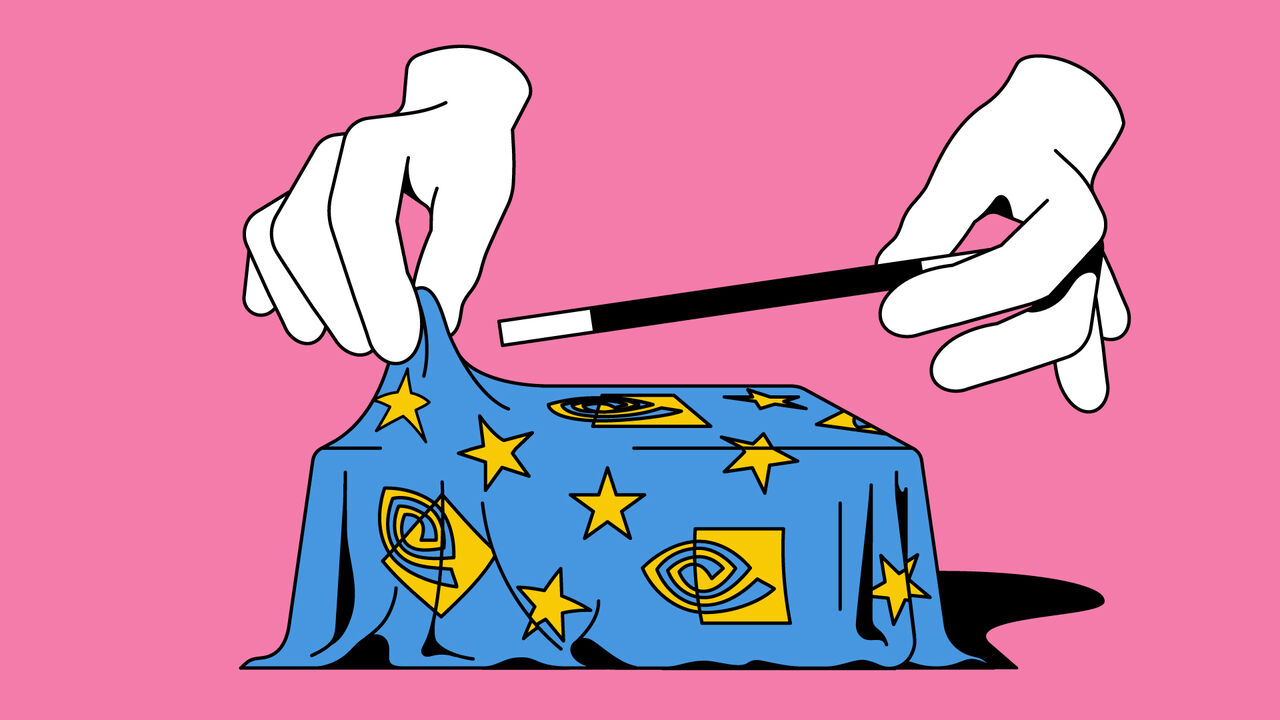 Illustration of two white-gloved hands, one holding a magician's wand and the other about to lift a cloth covered in the Nvidia logo and stars off a box