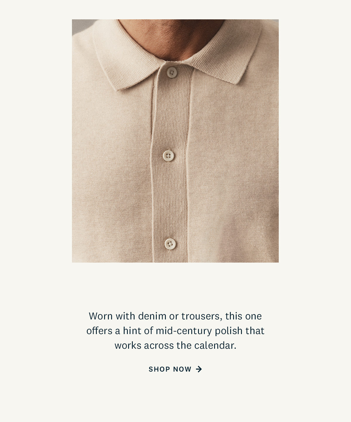 Worn with denim or trousers, this one offers a hint of mid-century polish that works across the calendar.