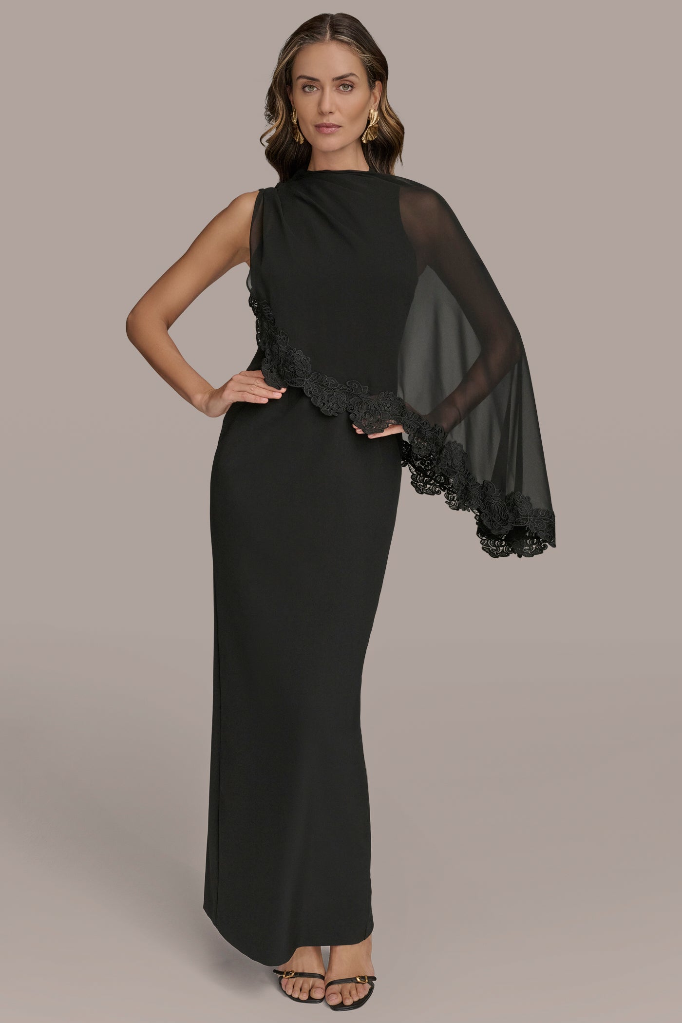 Image of SLEEVELESS CAPE OVERLAY GOWN