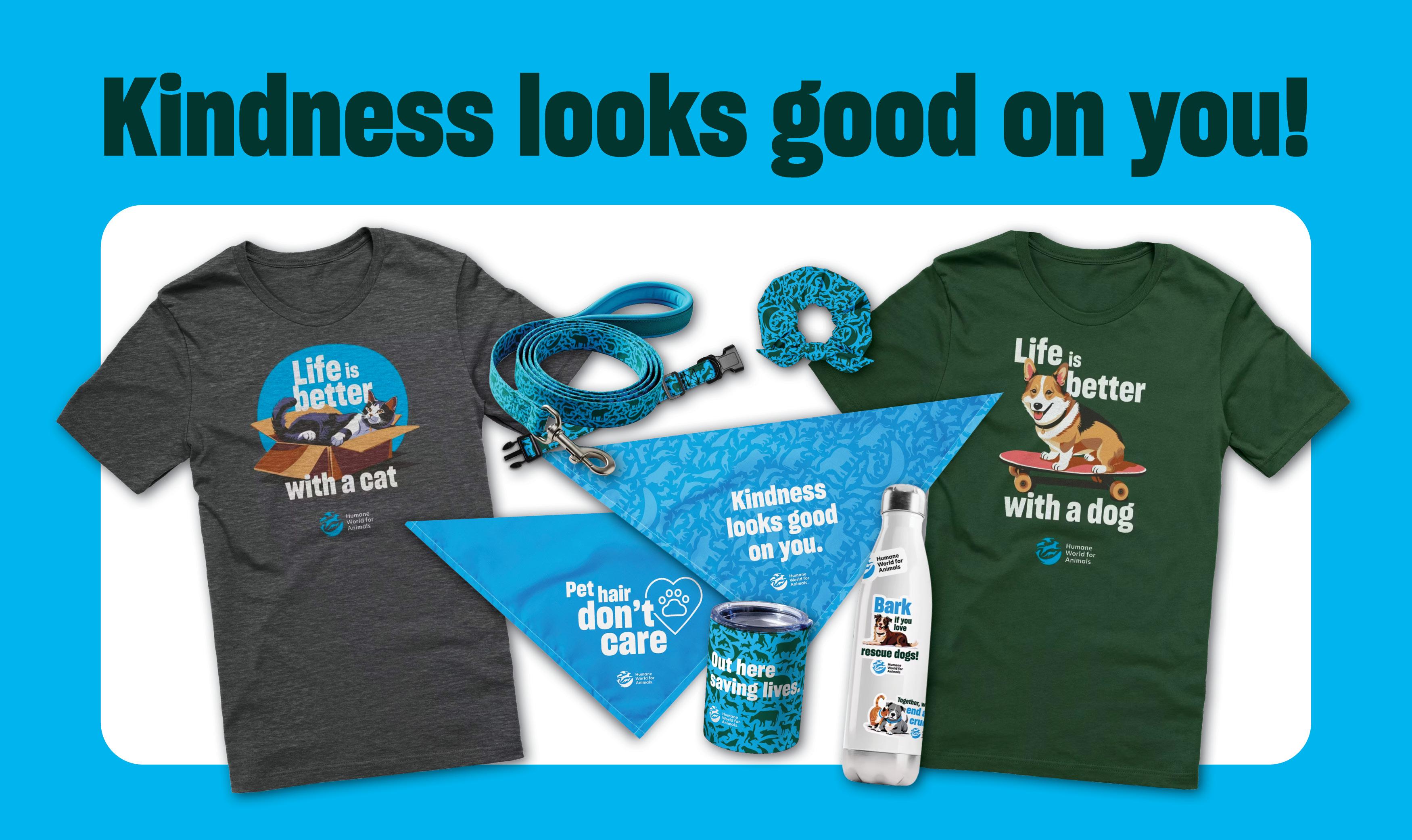 Several merch products from the Humane World for Animals shop
