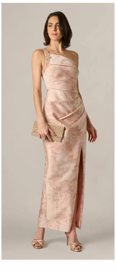 Beaded One Shoulder Floral Jacquard Draped Gown In Blush Multi
