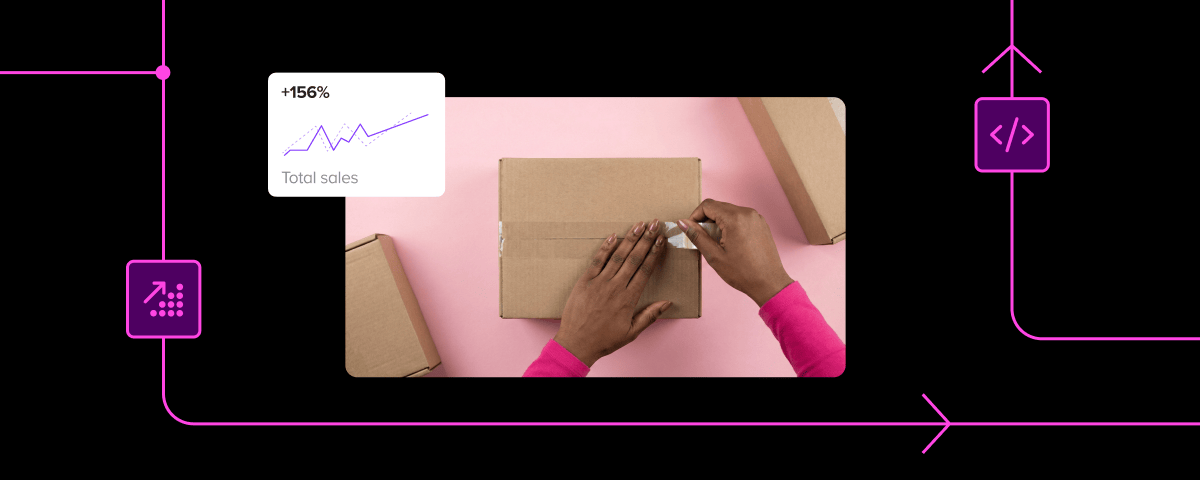 Hands taping a cardboard shipping box on a pink background, overlaid with a data visualization card showing a line graph and "plus 156% Total sales" in a modern e-commerce interface style.