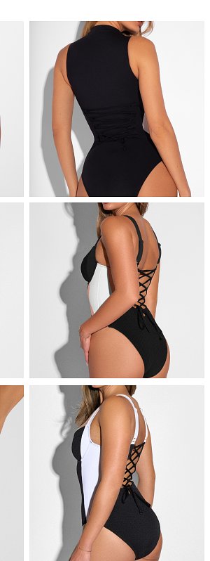 Black one-piece swimsuit with a high neckline and lace-up detail on the back. White and black two-piece swimsuit with lace-up back.