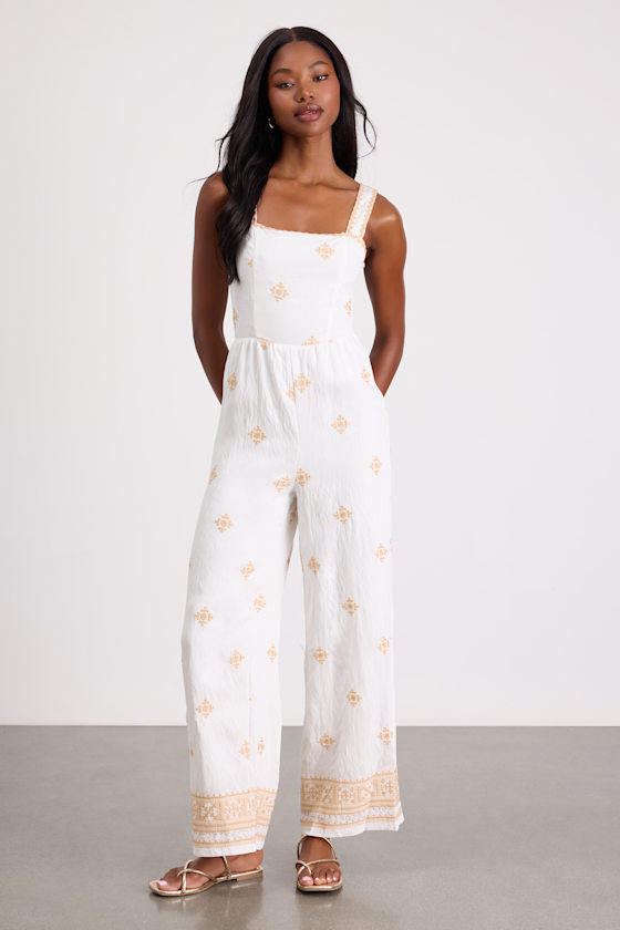 Image of Arwen Ivory Embroidered Wide-Leg Jumpsuit