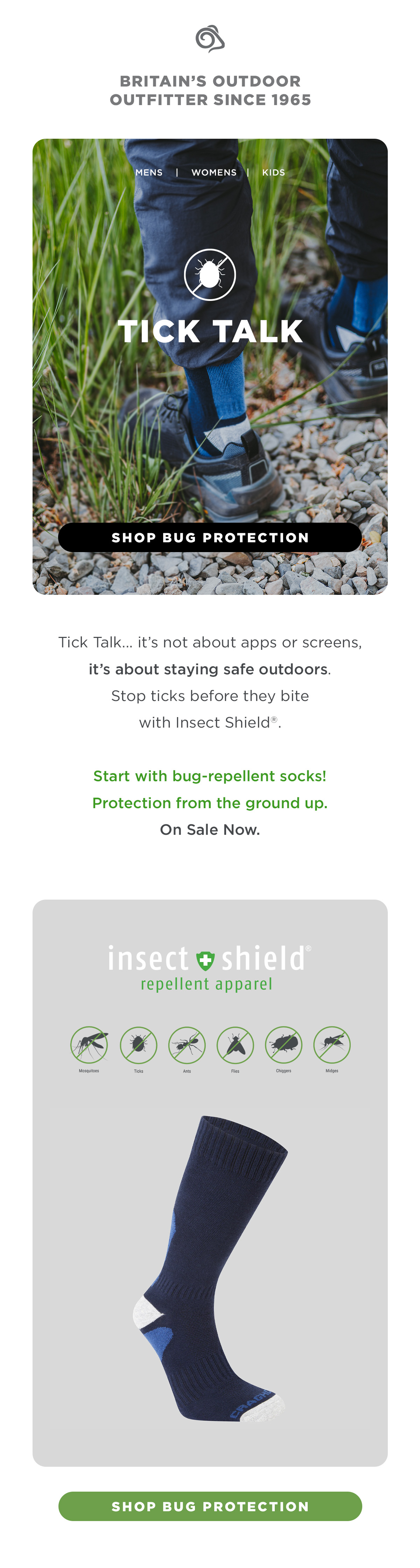 Craghoppers Insect Shield bug repellent socks. the best, safest bug protection starts from the bottom up!