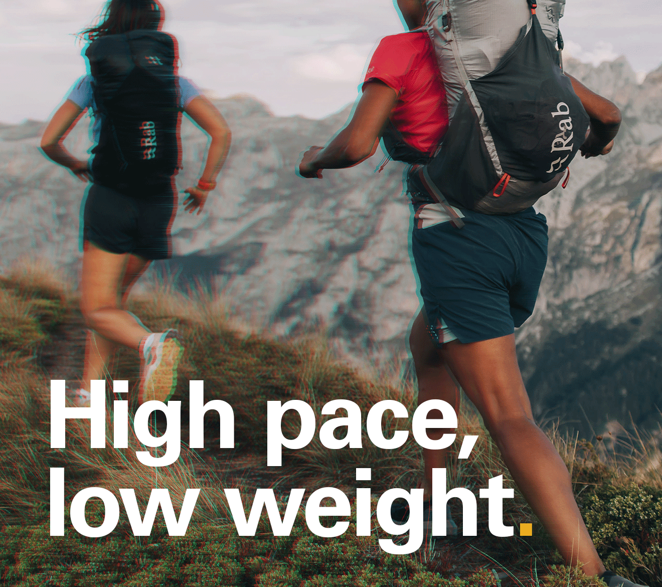'High pace, low weight.' Text of the image of 2 people running in the mountains wearing Rab backpacks