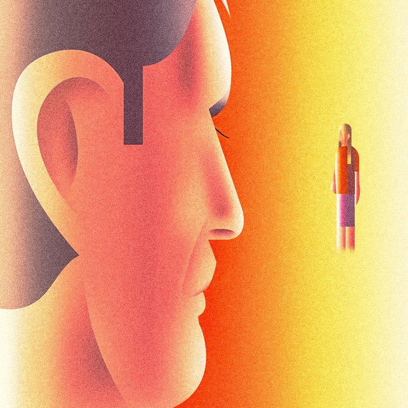 A profile of a man looking at woman in the distance