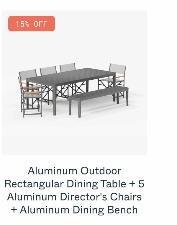 Aluminum Outdoor Rectangular Dining Table + 5 Aluminum Director's Chairs + Aluminum Dining Bench