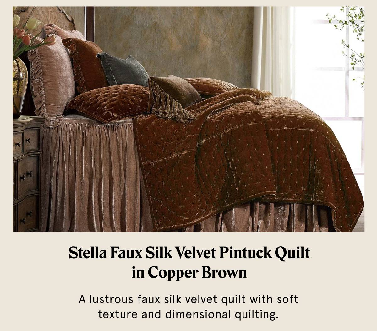 Stella Faux Silk Velvet Pintuck Quilt in Copper Brown