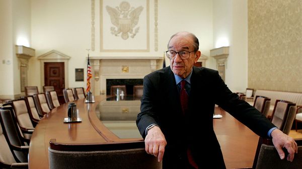 Alan Greenspan in the board room of the Federal Reserve during the last week of his tenure as chairman, in January, 2006