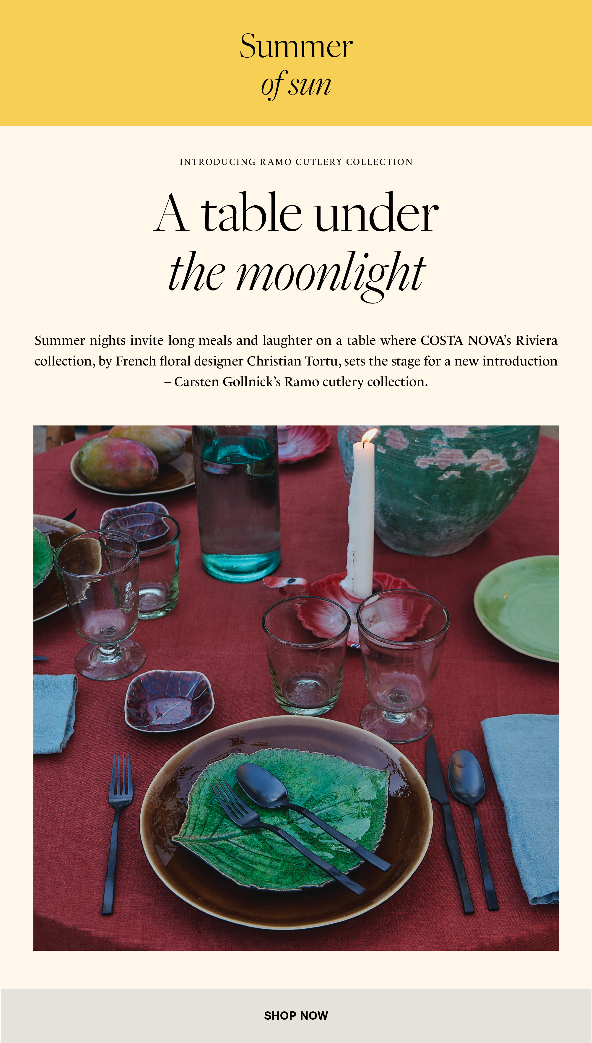 Table set at dusk with a red linen tablecloth, Margarida recycled glass glasses, a red Riviera leaf dish and a ceramic vase, introducing the Ramo cutlery collection