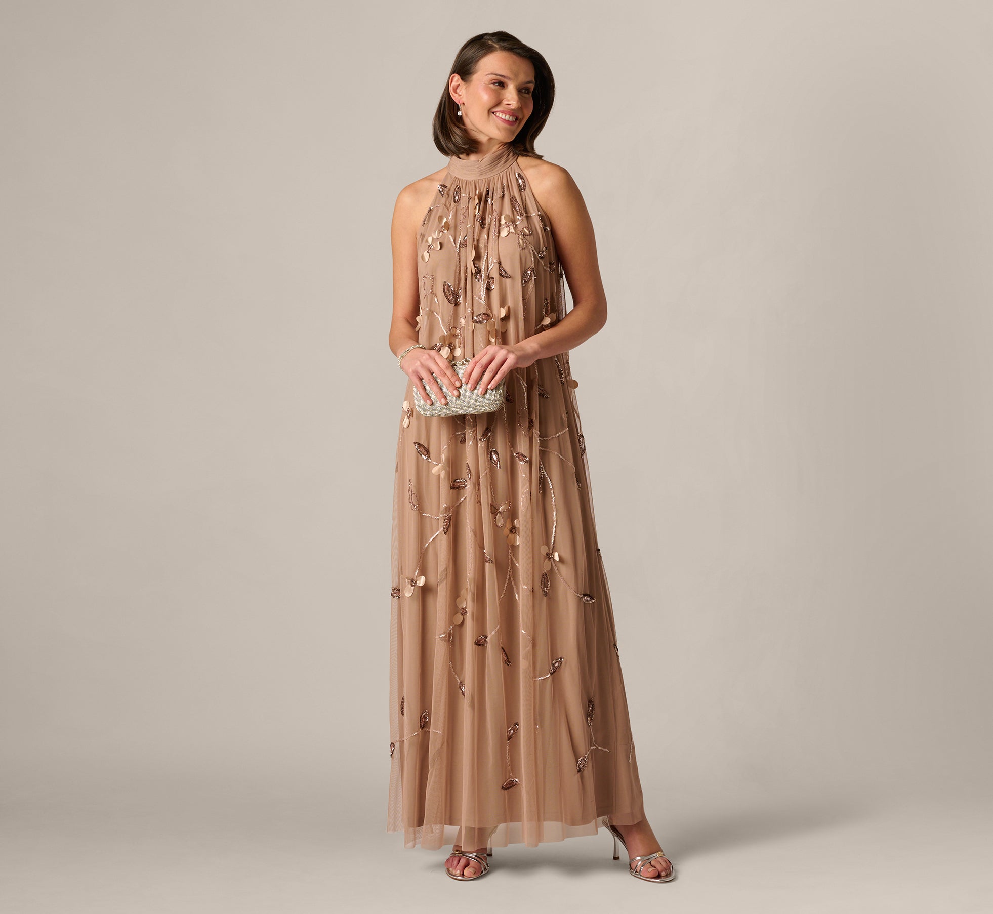 Image of 3D Floral Sequin Bead Trapeze Gown In Cafe Mocha