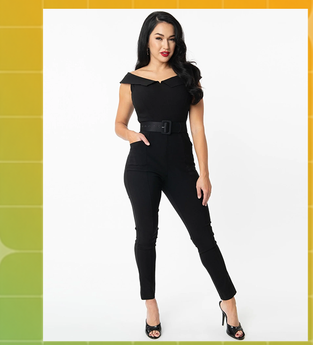 Unique Vintage Black Off Shoulder Gillian Jumpsuit