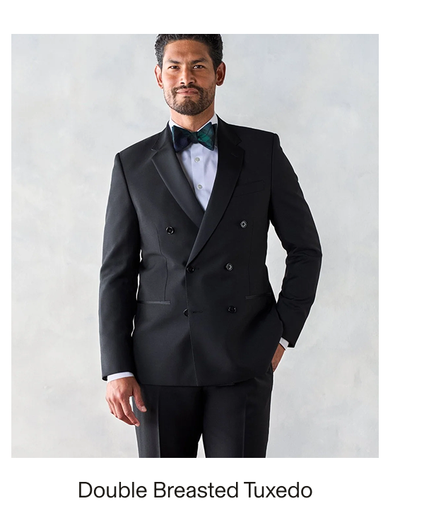 Male model wearing a black Double Breasted Tuxedo with a white dress shirt and green plaid bow tie. Text reads: "Double Breasted Tuxedo"