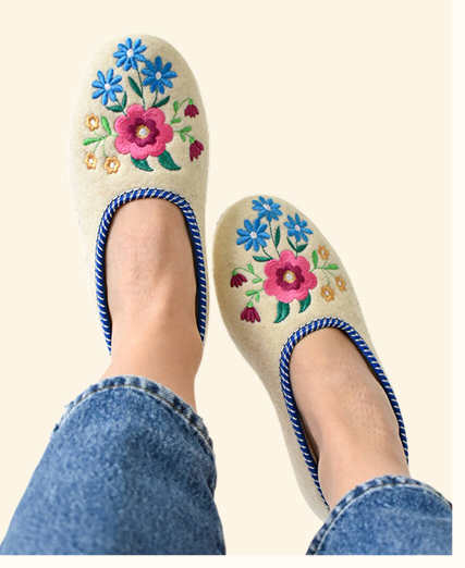Cream Folk Wool Ballerina Slippers With Wool Lining