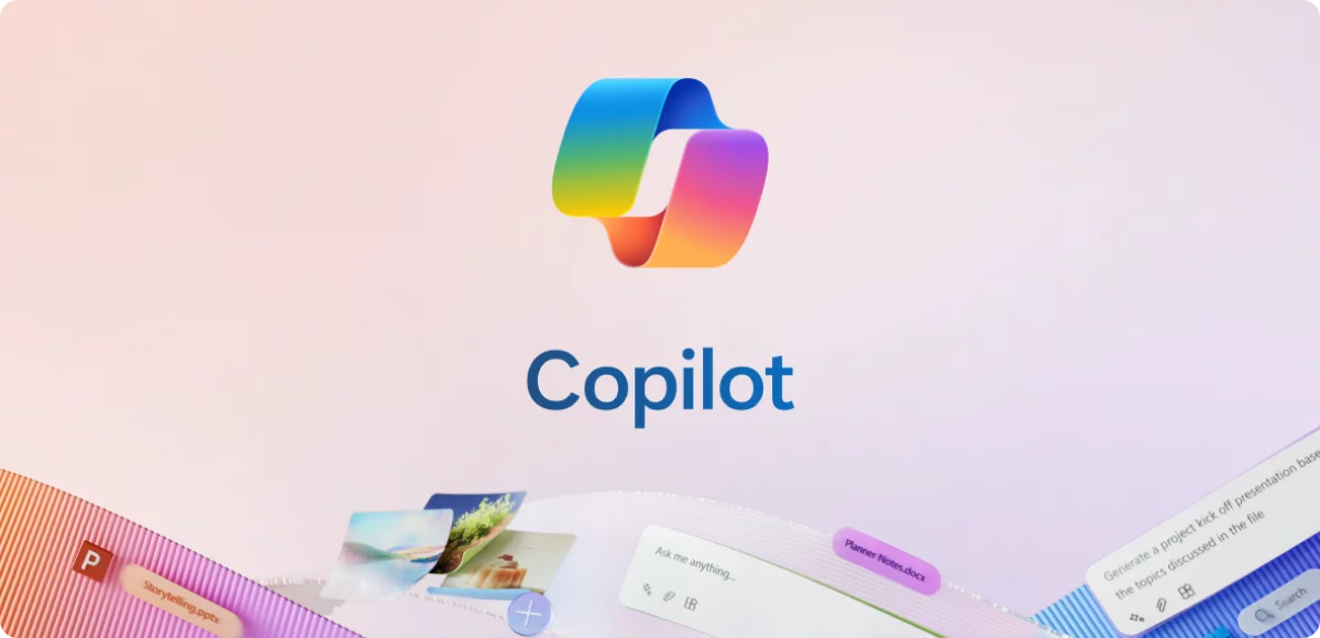 The colorful Copilot logo floating on  a pink background