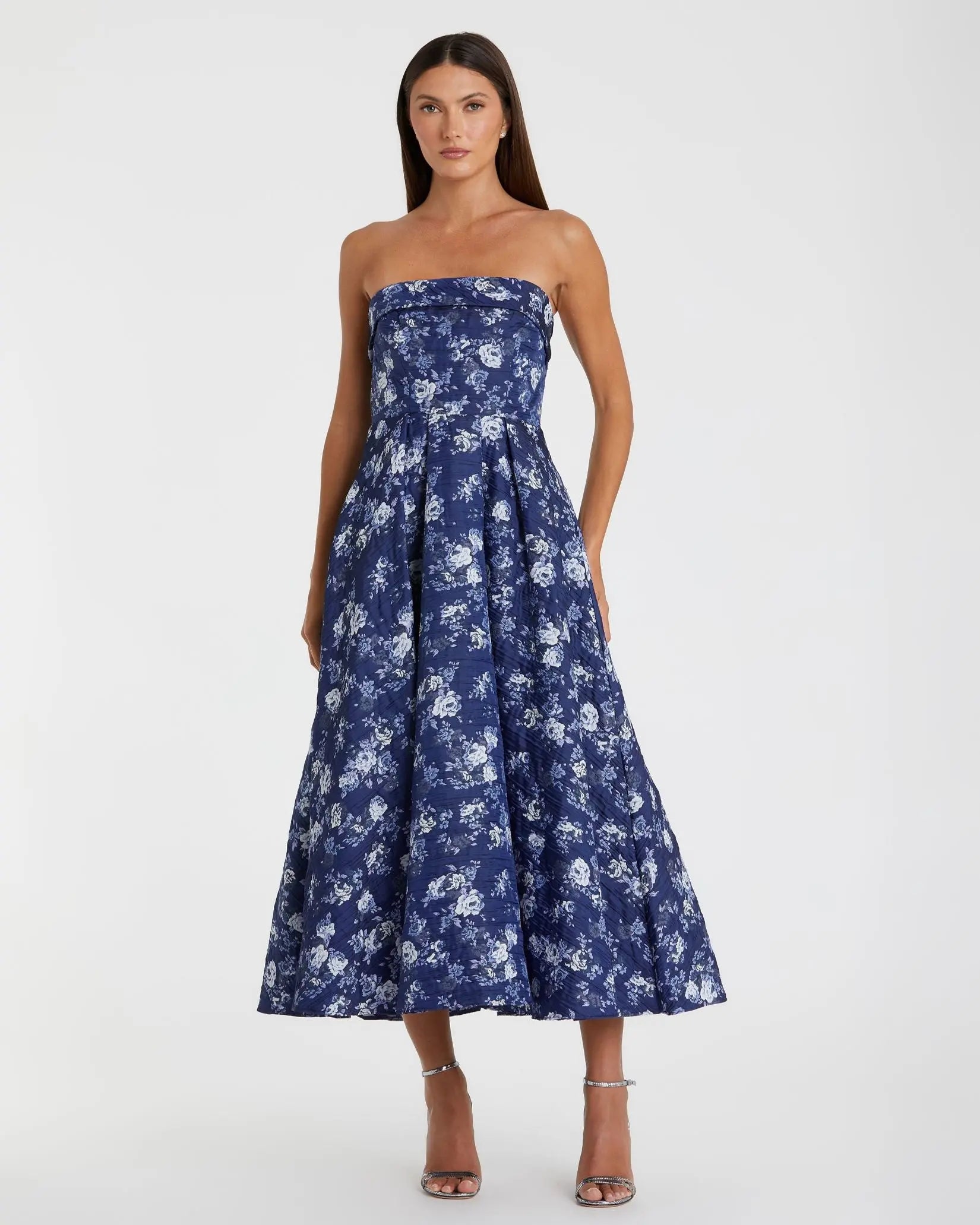 Image of Blue Strapless Brocade Midi Dress